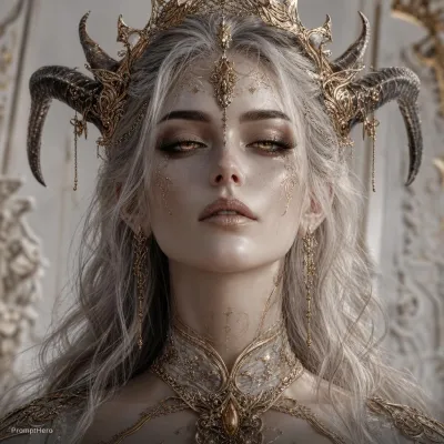 تصویری از چهره زن با لباس‌های شیطانی، رنگ‌های طوسی و طلایی روشن، نورپردازی کهربایی و سفید.