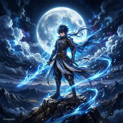نمونه خروجی تصویر انیمه ساخته‌شده با پرامپت hero 10 create an epic anime style smartphone wallpaper of a powerful young warrior standing on a mountain at night glowing
