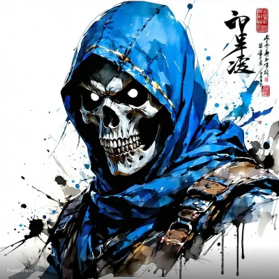 نمونه خروجی تصویر شخصیت ساخته‌شده با پرامپت stable diffusion 35 large sub zero from mortal kombat skull face cold white dull lifeless eyes very scary character close up ink artistic
