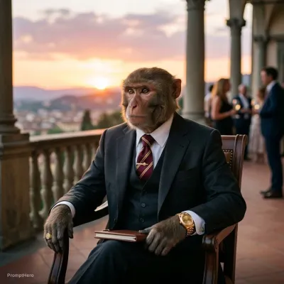 نمونه خروجی تصویر هنری ساخته‌شده با پرامپت hero 10 this monkey in a sophisticated setting wearing a suit gold watch