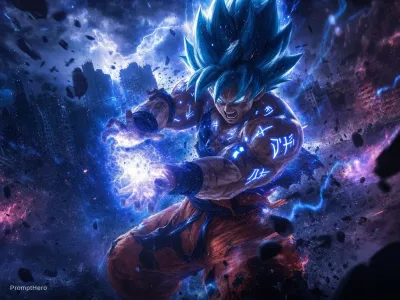 نمونه خروجی تصویر شخصیت ساخته‌شده با پرامپت riverflow riverflow 25 realistic style goku fighting at war raging blue hair character design body is adorned with glowing blue runes blue