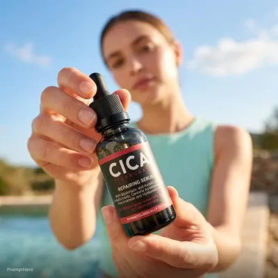 نمونه خروجی تصویر مد و فشن ساخته‌شده با پرامپت hero 10 a trendy skincare campaign photo shot from an extreme low angle close up perspective of a young woman holding