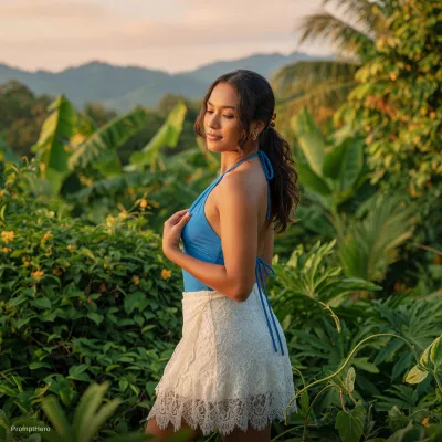 زن بالغ با لباس آبی و دامن سفید، ایستاده در طبیعت گرمسیری با نور طلایی و پشت‌زمینه شاخ و برگ سبز.