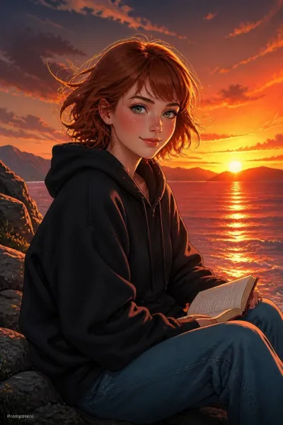 نمونه خروجی تصویر انیمه ساخته‌شده با پرامپت chatgpt image gpt image 2 anime style illustration of a girl with short reddish brown hair bangs freckles and light green eyes sitting on