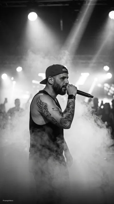 نمونه خروجی تصویر عکاسی ساخته‌شده با پرامپت nano banana nano banana 2 black and white photography of rapper in baseball cap emerging from fog on stage during concert side view volumetric