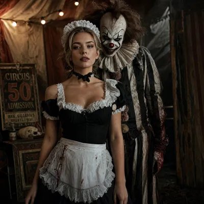 نمونه خروجی تصویر هنری ساخته‌شده با پرامپت riverflow riverflow 25 hyper realistic hd cinematic quality image a haunting blend of gothic horror and carnival mystery unfolds beneath the faded