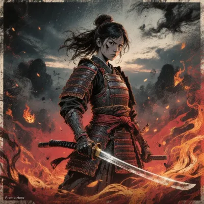نمونه خروجی تصویر هنری ساخته‌شده با پرامپت hero 10 a lone female samurai standing beneath a dark midnight sky gripping her katana with quiet intensity surrounded by drifting