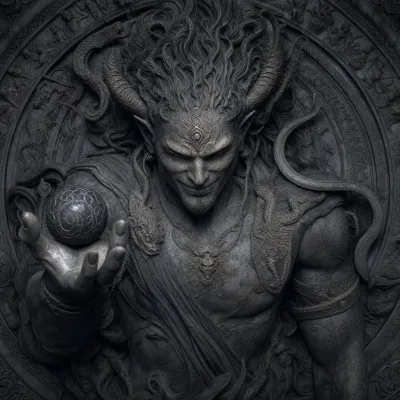نمونه خروجی تصویر هنری ساخته‌شده با پرامپت riverflow riverflow 25 a hyper realistic fantasy illustration depicting an intricately detailed dark and ominous stone carving of the god of chaos