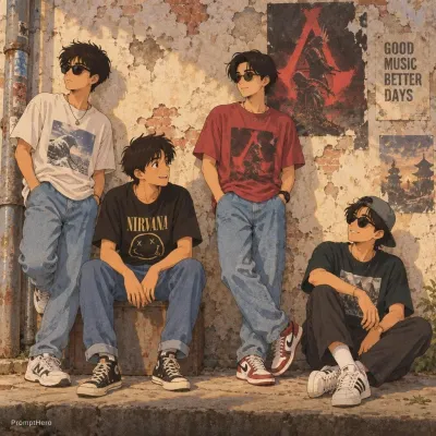 نمونه خروجی تصویر انیمه ساخته‌شده با پرامپت chatgpt image gpt image 25 a group of four young men casually hanging out against a weathered cracked wall with peeling paint they each