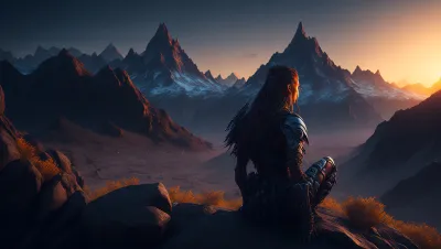 تصویر شکارچی بازی Horizon Zero Dawn در حال تماشای طلوع آفتاب بر فراز کوه‌ها