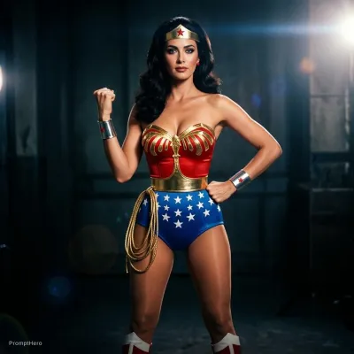 نمونه خروجی تصویر عکاسی ساخته‌شده با پرامپت hero 10 1980s wonder woman costume woman resembling lynda carter striking a heroic pose dark room ambiance vintage color tones stunning