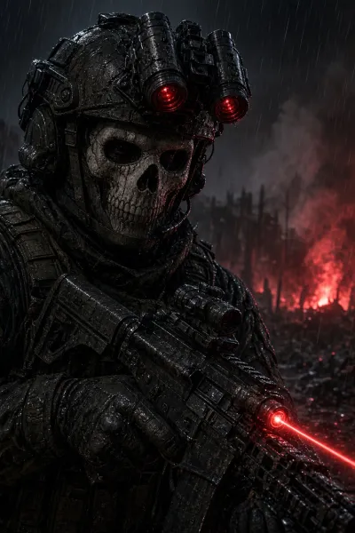نمونه خروجی تصویر عکاسی ساخته‌شده با پرامپت flux dev elite ghost operator night