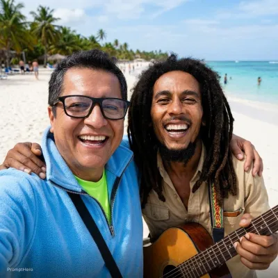 نمونه خروجی تصویر هنری ساخته‌شده با پرامپت hero 10 with bob marley at a tropical beach sunny day both