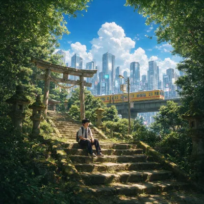 نمونه خروجی تصویر عکاسی ساخته‌شده با پرامپت hero 10 scenery 1boy male focus sitting looking away on stone steps school uniform short sleeve shirt dark pants sneakers backpack