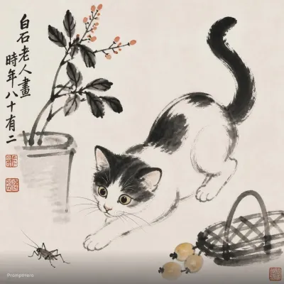 نمونه خروجی تصویر شخصیت ساخته‌شده با پرامپت chatgpt image gpt image 2 picture a cat portrayed with the artistic essence of qi baishis renowned brushwork the cats form is captured through