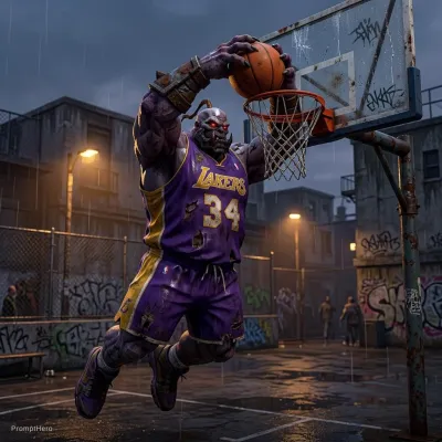 نمونه خروجی تصویر هنری ساخته‌شده با پرامپت hero 10 league of legends sion playing basketball he is jumping to dunk on the hoop and he is dressed in